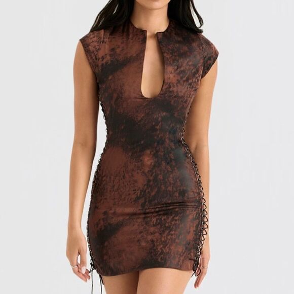 NWT House of CB DAPHNE ANTIQUE COPPER LACE UP MINI DRESS-N1 - Picture 1 of 9